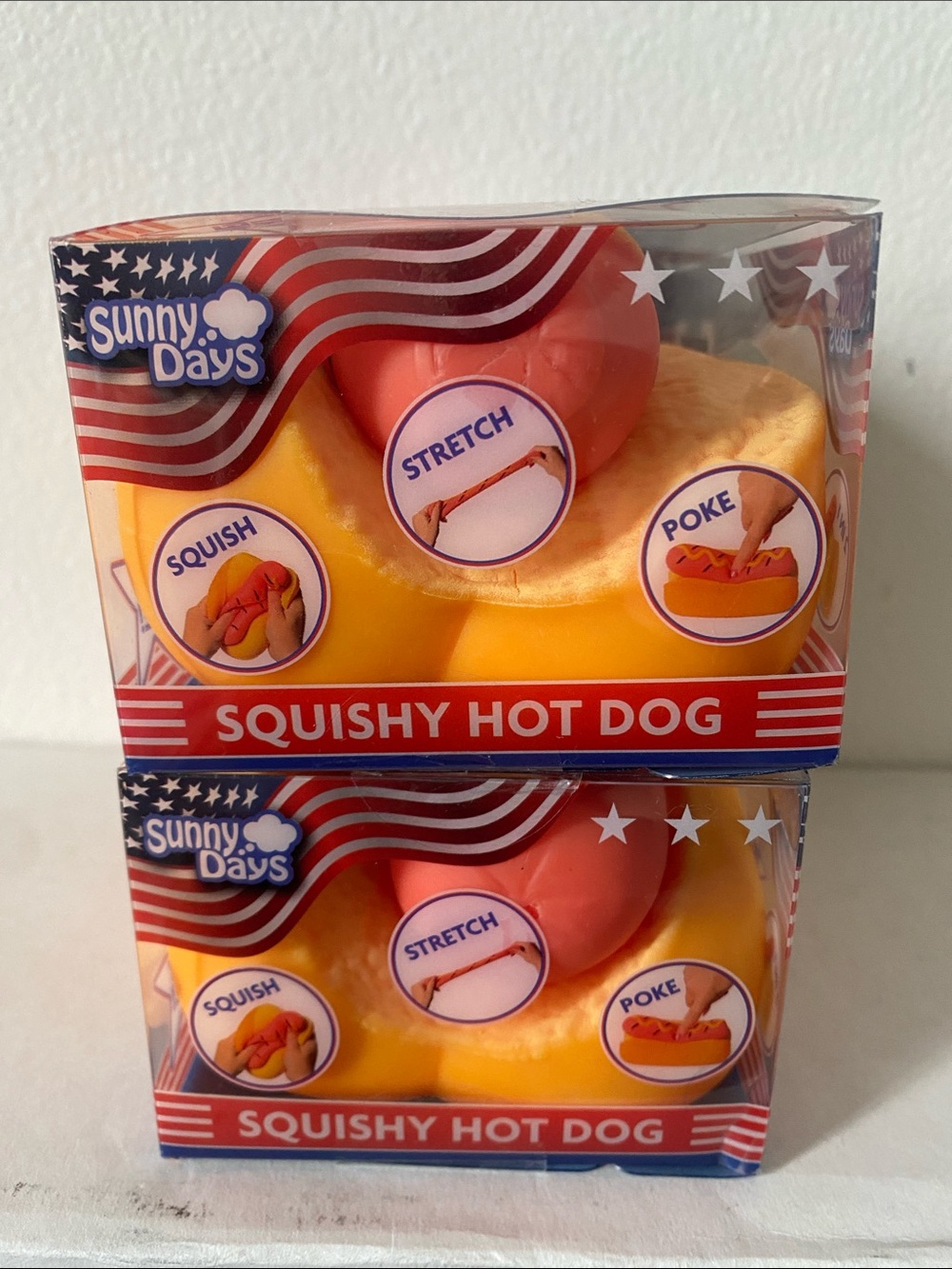 SUNNY DAYS Squishy Hot Dog Toy - Yellow & Orange brand new never open